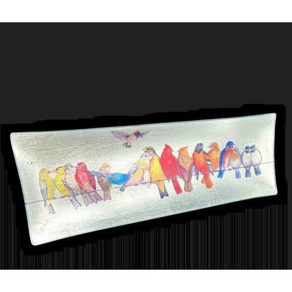 Vintage Birds of a Feather Metallic Back Painted Glass 18" Rectangle Server - Picture 2 of 7